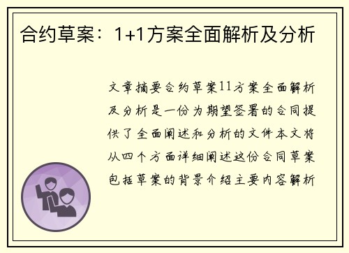合约草案：1+1方案全面解析及分析